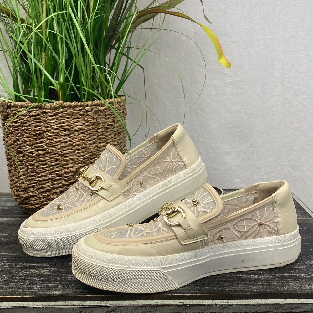 J Slides Ivory Cream Platform Sheer Panel Gold Snaffle Bit Loafer Shoes 8